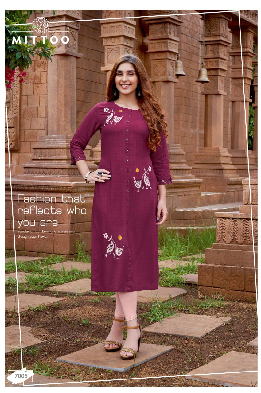 Mitttoo Triveni Ethnic Wear Rayon Checks Work Designer Kurti Collection